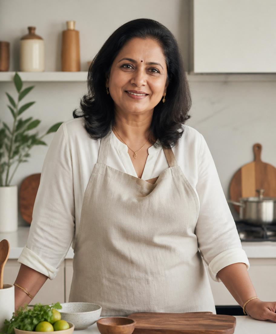 [DEMO] Professional portrait of the founder in a modern kitchen (demonstration image).