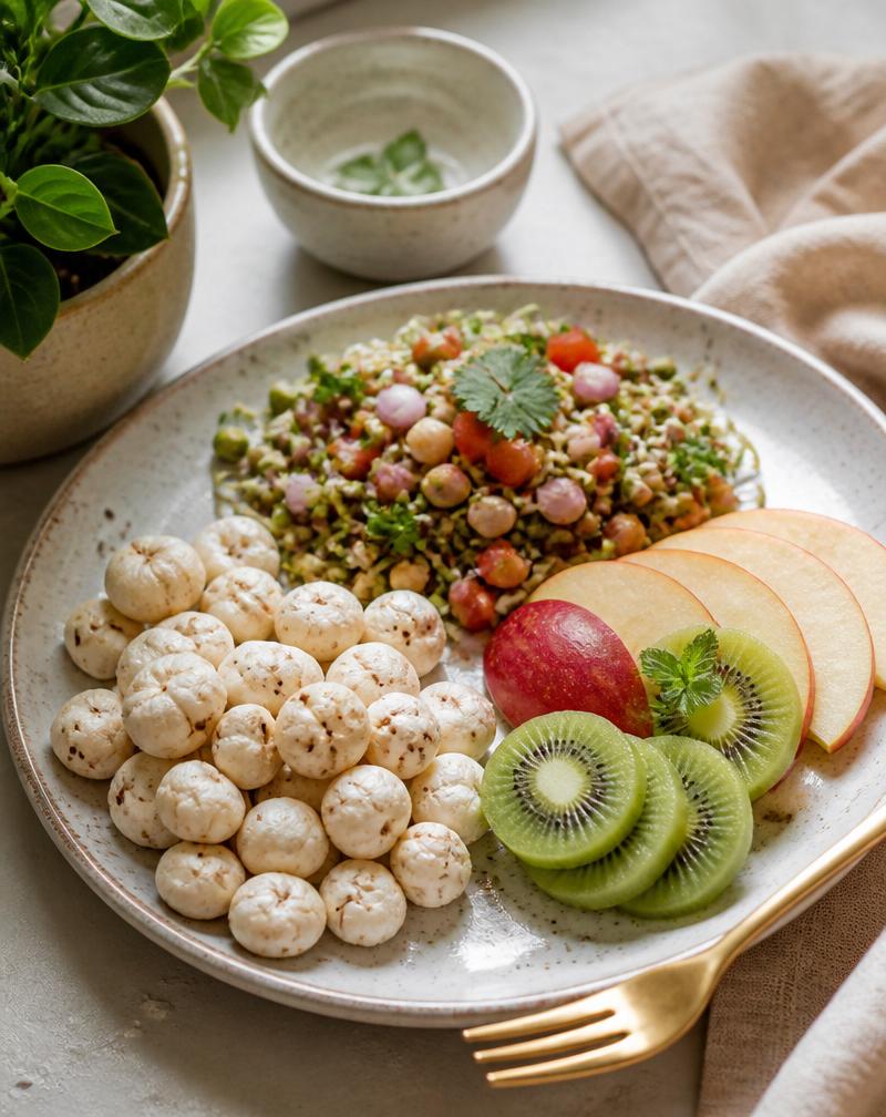 [DEMO] Non-fried evening snacks — makhana, sprouts and fruit (demonstration image).