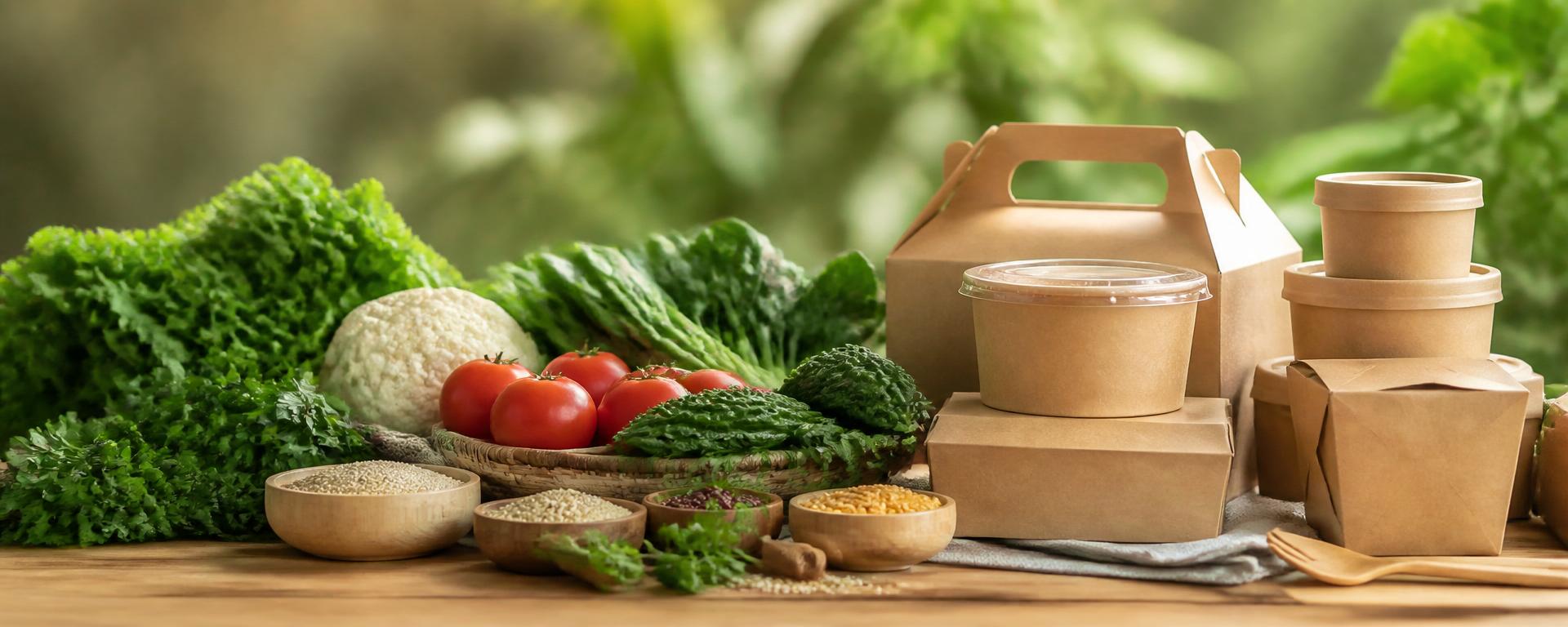 Farm-fresh vegetables and grains beside premium food-grade takeaway packaging.